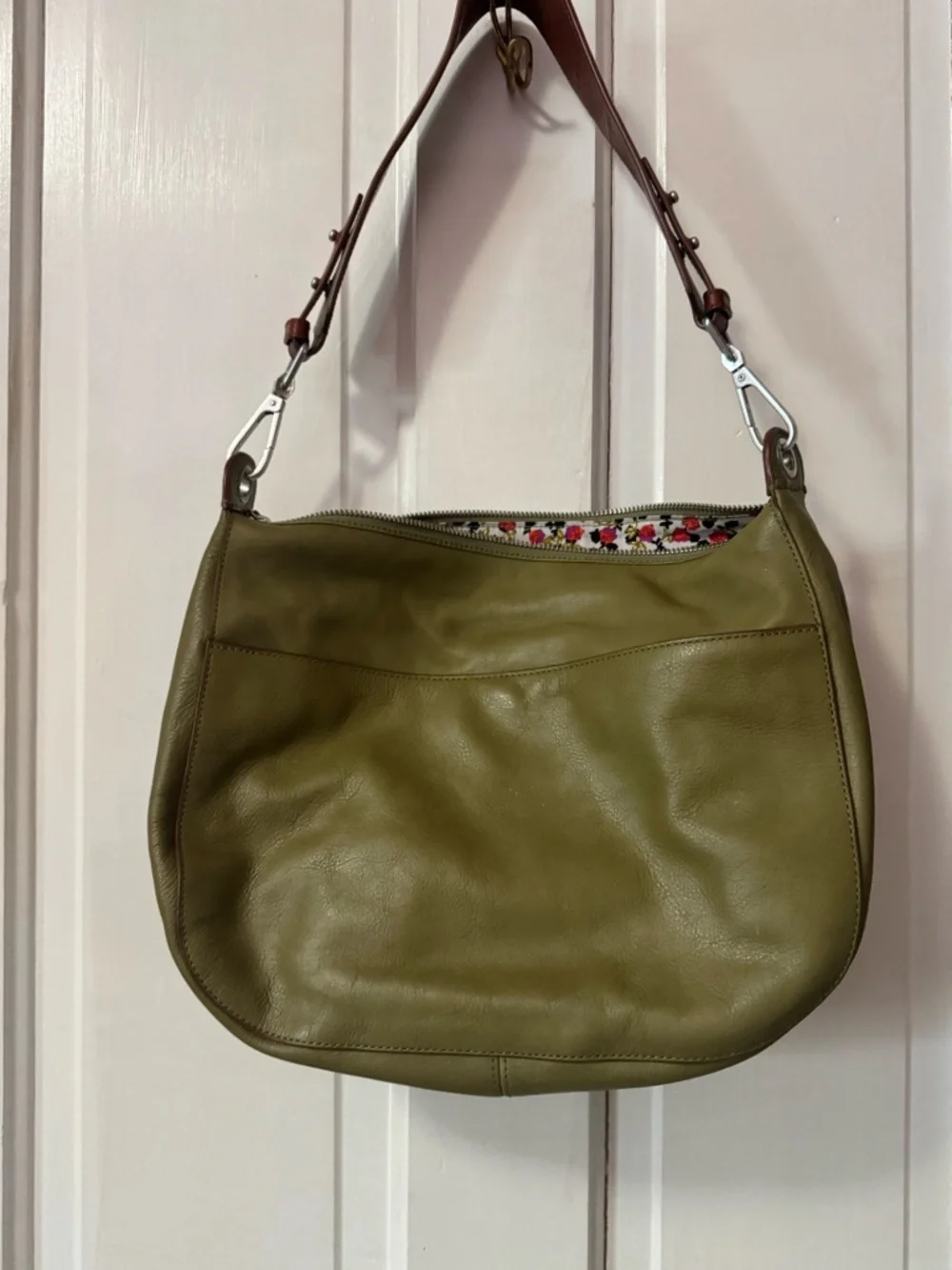 Vera Bradley Olive Leather Hobo Shoulder Bag with Brown Strap